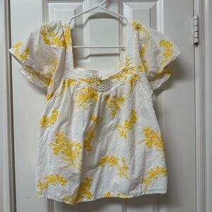 A Loves A White Yellow Floral Embroidered Square Neck Flutter Sleeve Top XS